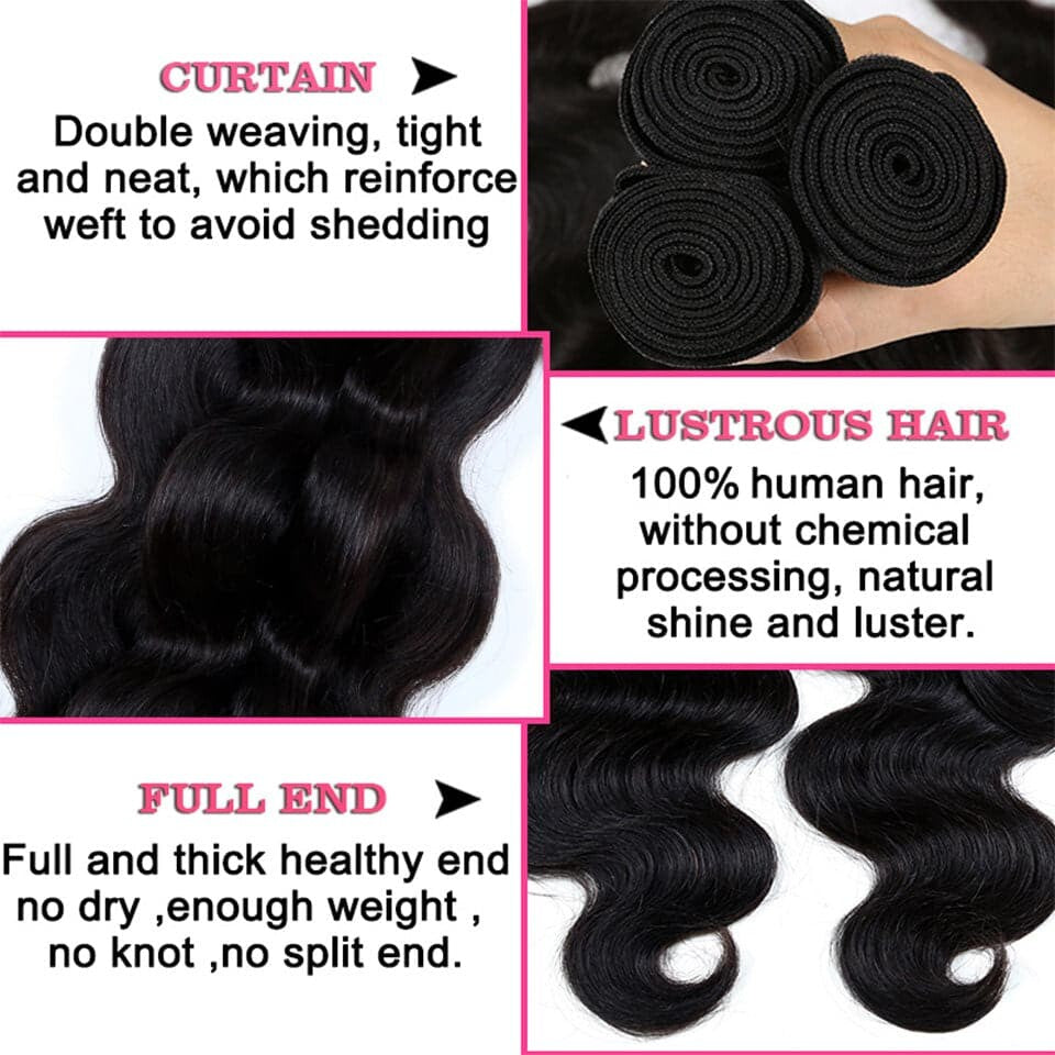 (B1) Body Wave 4 Bundles With 4X4 Transparent Lace Closure